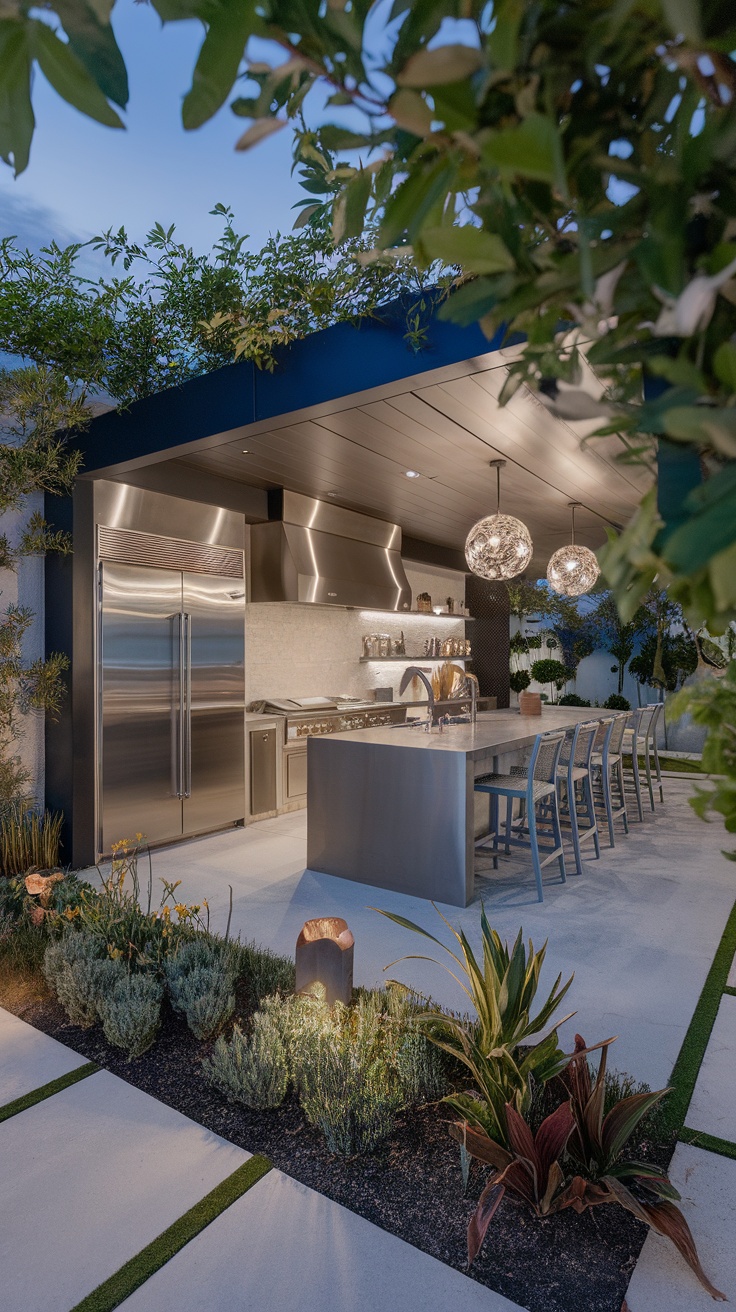 A modern outdoor kitchen with stainless steel appliances and a dining area surrounded by plants.