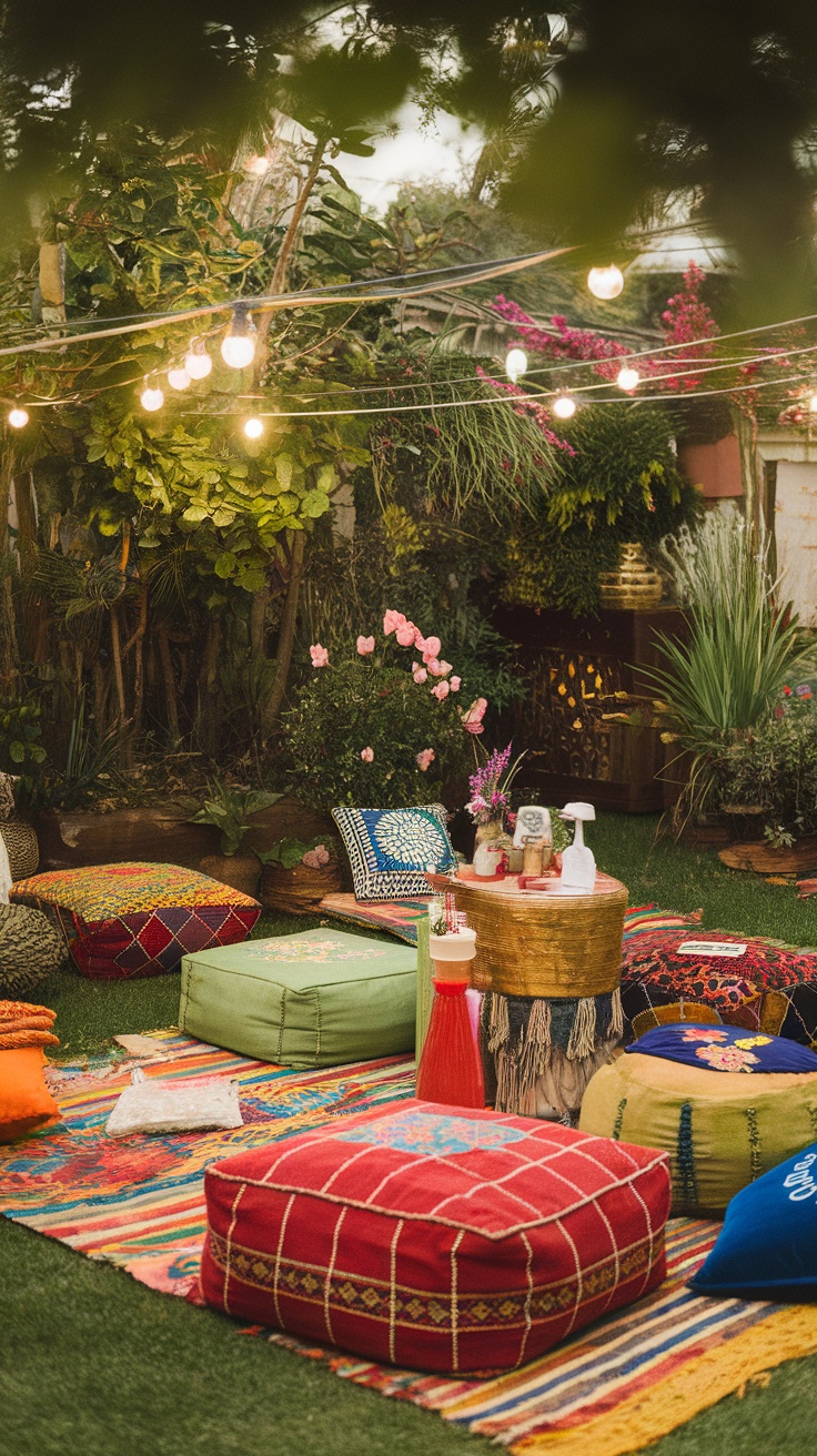 Colorful Moroccan poufs and floor seating arranged in a garden setting with string lights