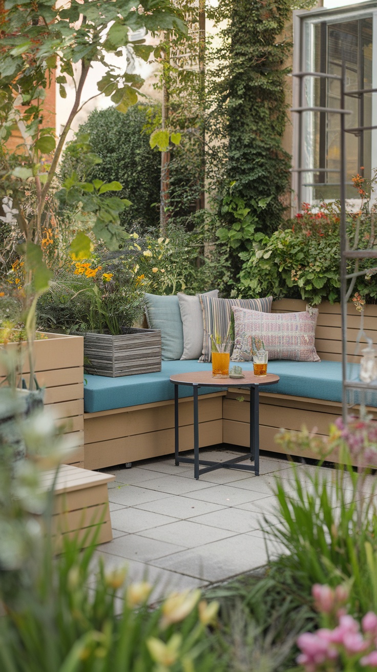 Cozy corner seating in a small garden with potted plants and a small table.