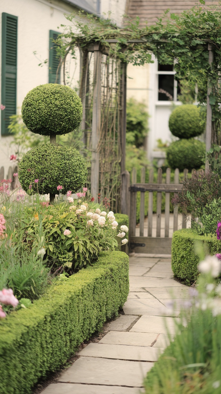 A well-maintained English country garden featuring ornamental hedges and topiary in various shapes.