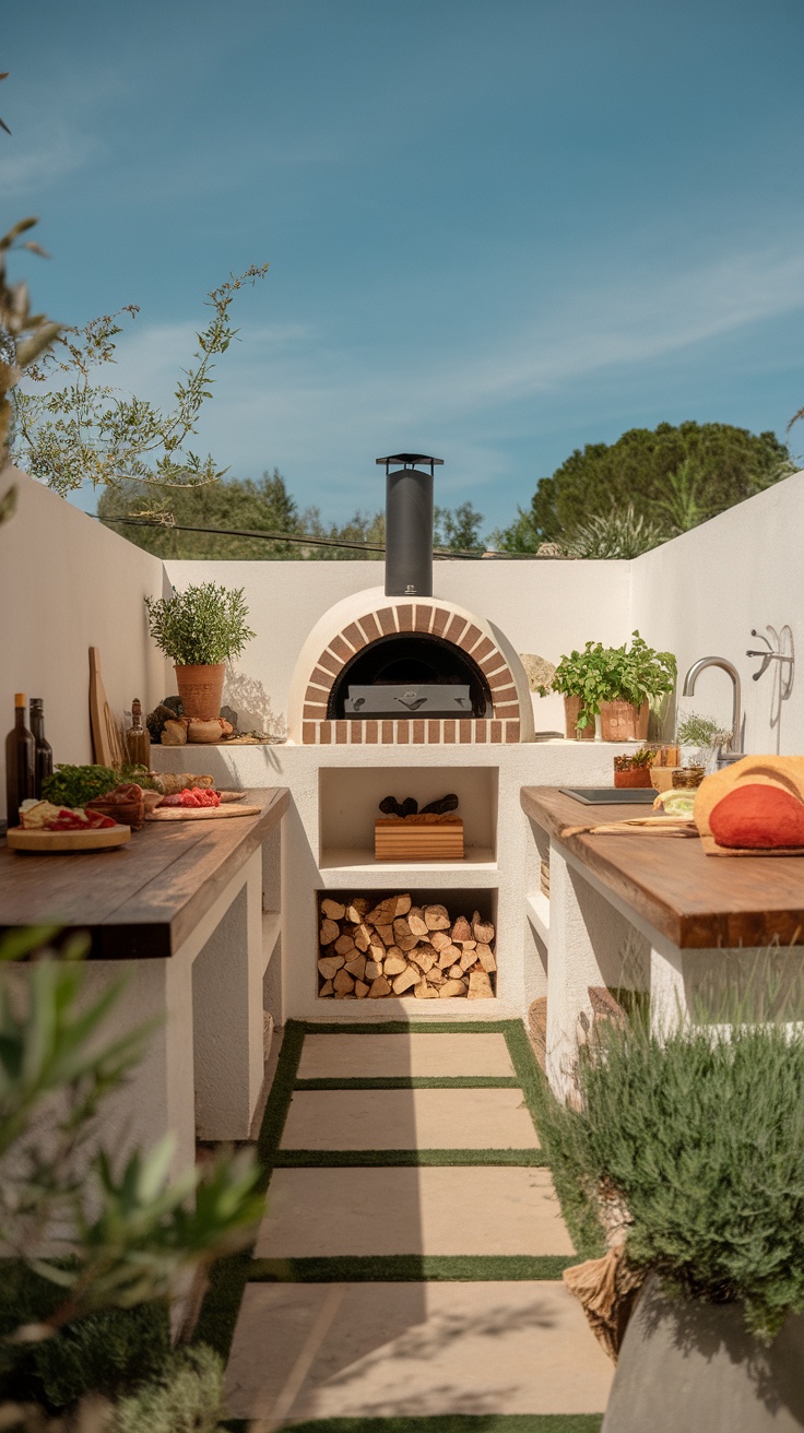 An outdoor kitchen featuring a pizza oven surrounded by fresh ingredients and wooden countertops.