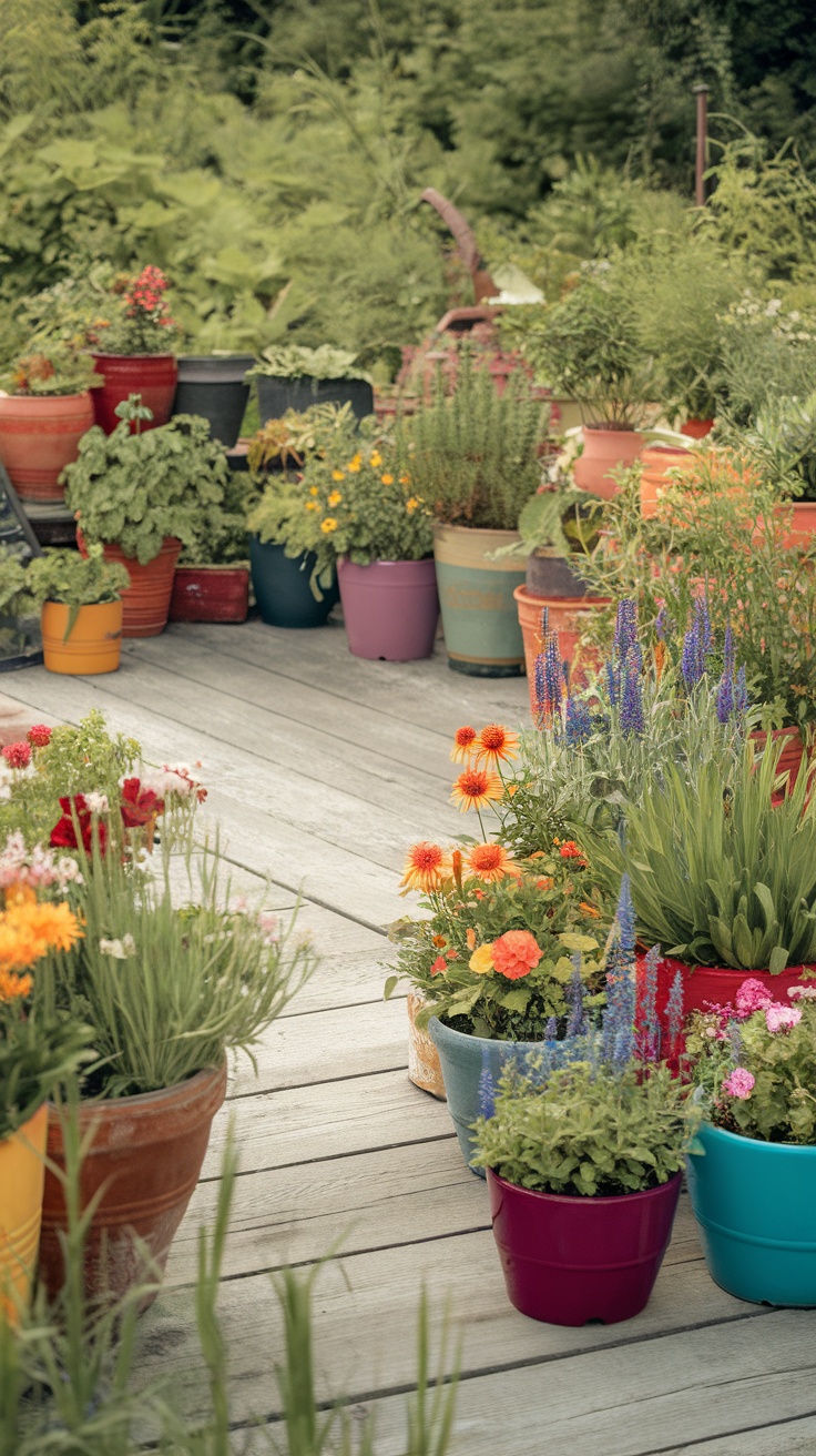 A vibrant display of colorful pots and containers filled with various flowers and plants in a small garden setting.