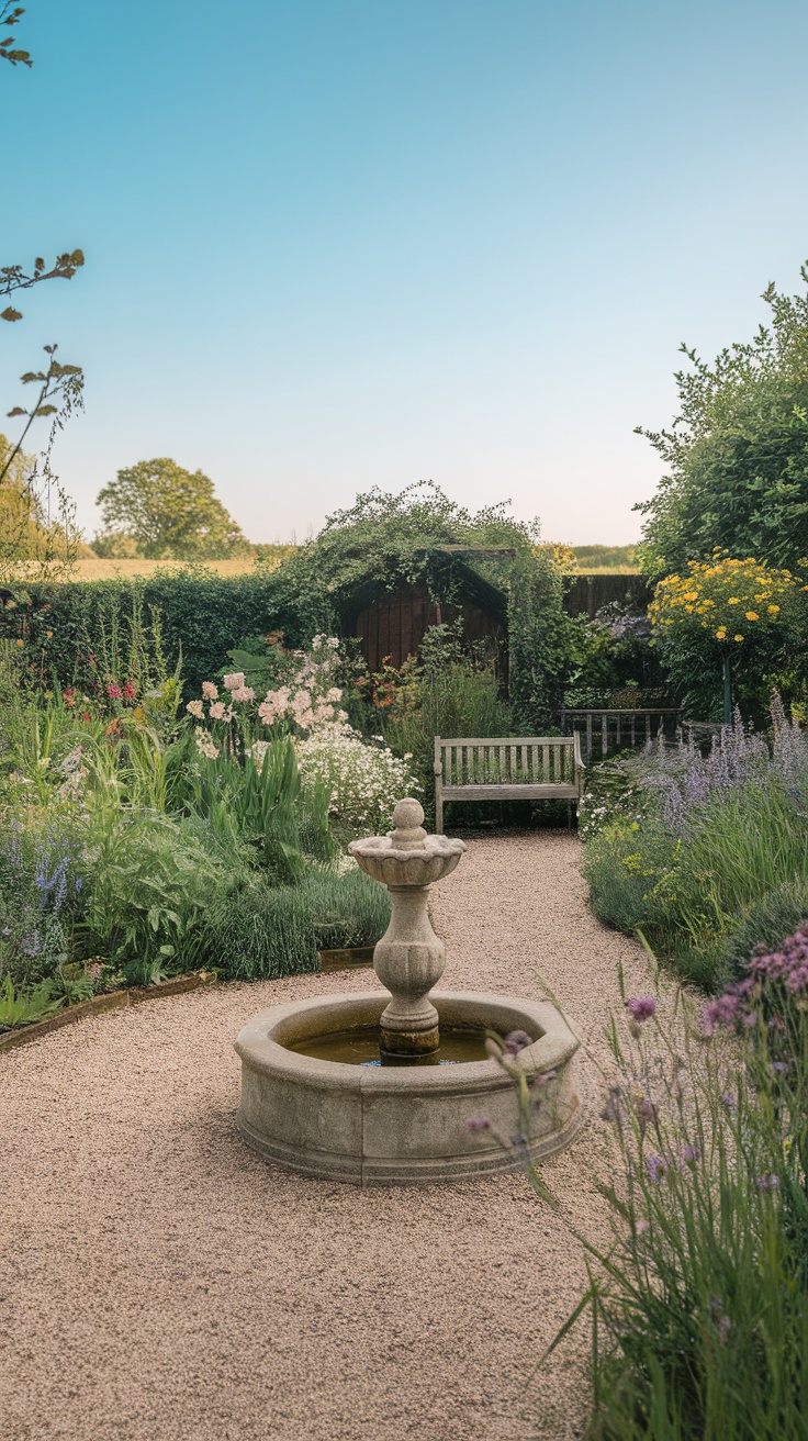 A serene English country garden featuring a central stone fountain surrounded by lush greenery and flowers.