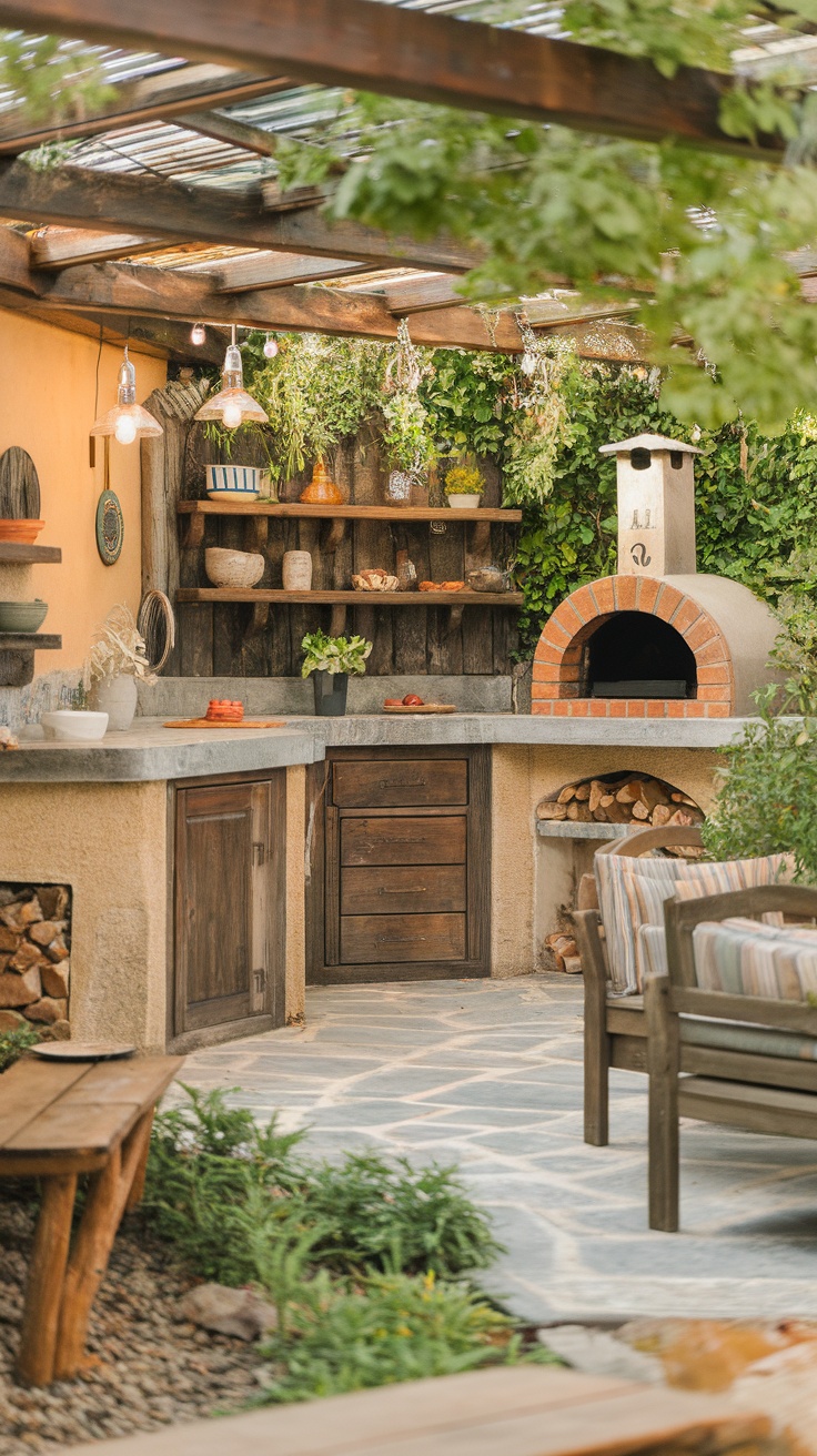 A rustic outdoor kitchen featuring wooden shelves, a stone countertop, and a wood-fired oven, surrounded by greenery.