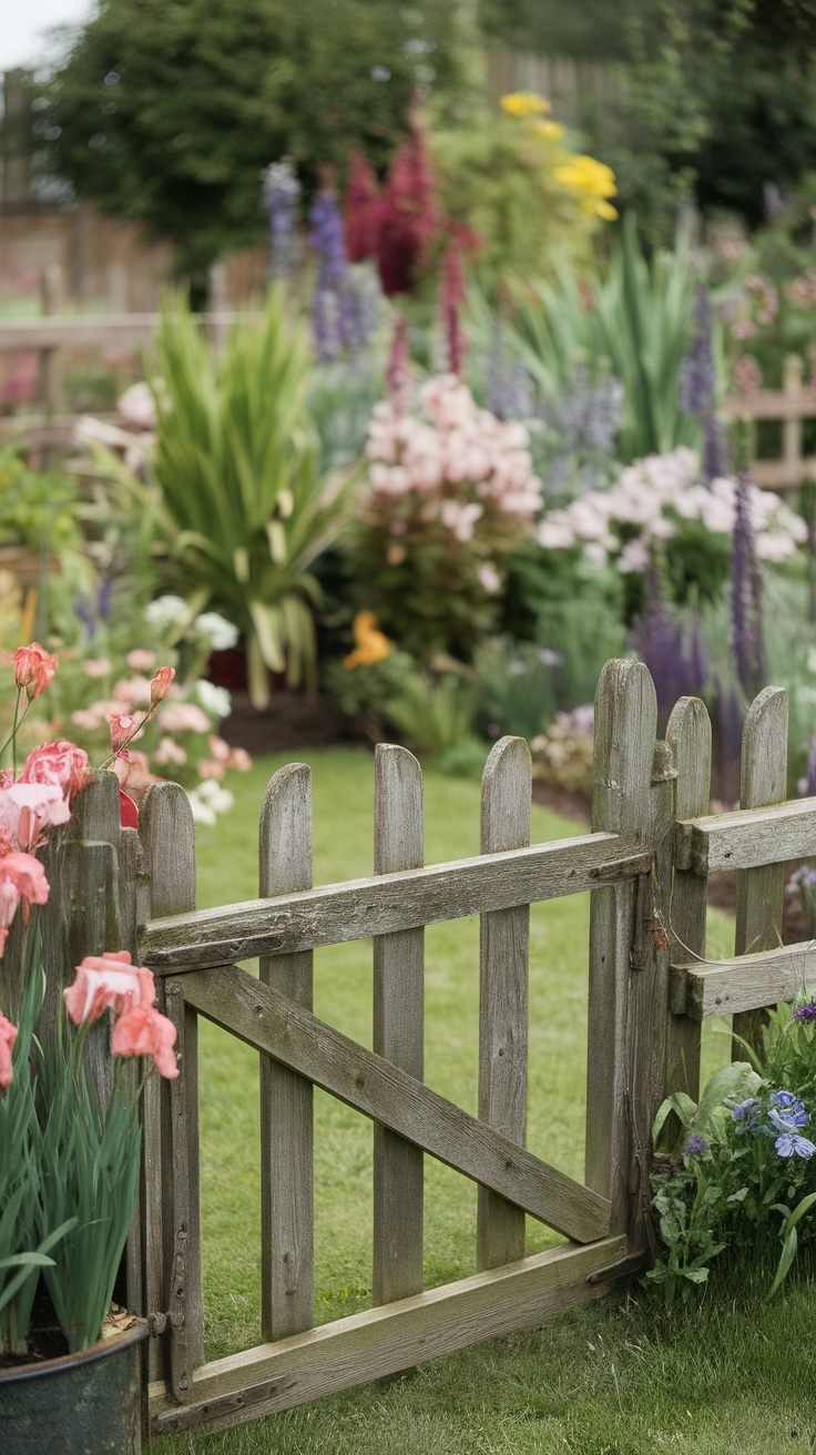 A rustic wooden fence and gate in an English country garden, surrounded by flowers and greenery.