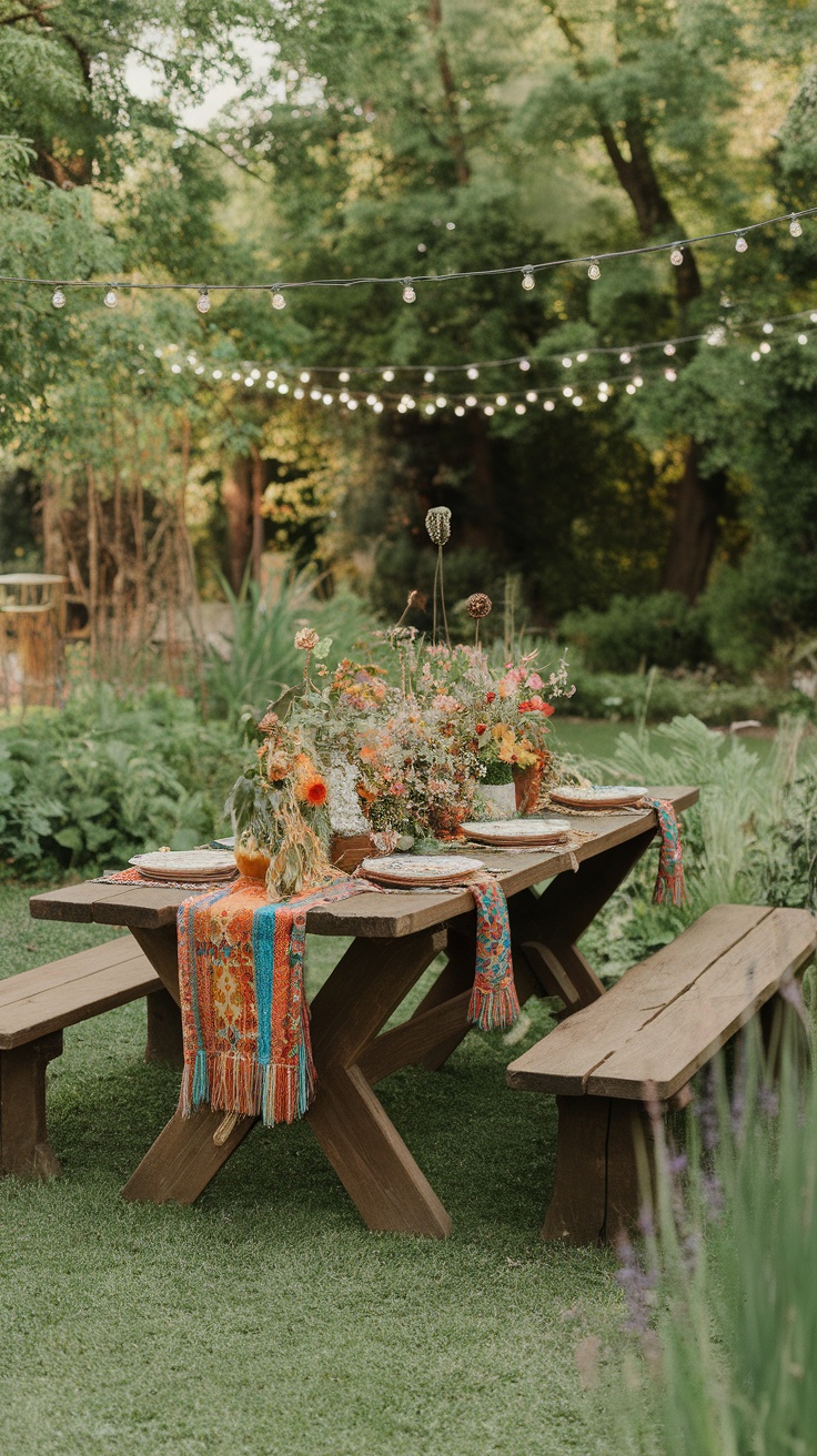 Rustic wooden table set for a boho garden party with colorful decorations and flowers.