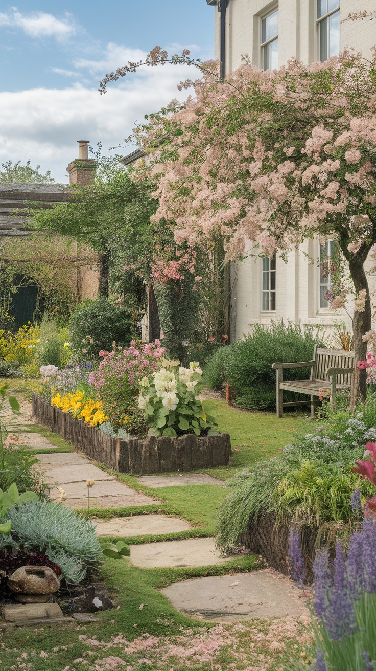 A beautiful English country garden with colorful flowers and greenery.