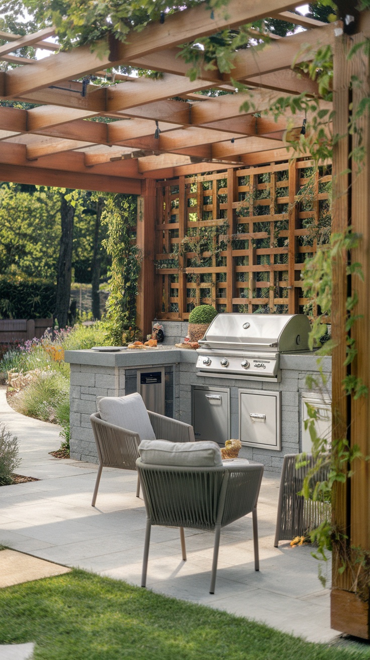 Outdoor kitchen with a grill and seating area under a wooden pergola.