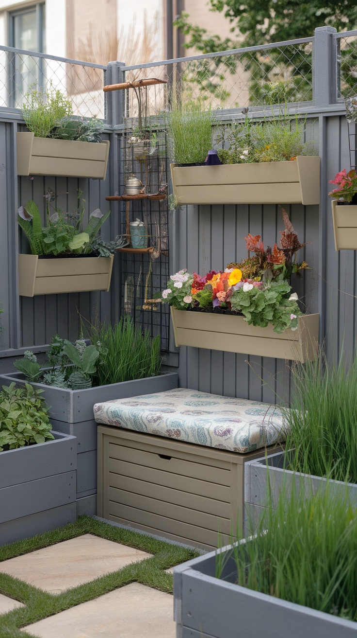 A small garden featuring vertical planters and a storage bench, demonstrating smart storage solutions.