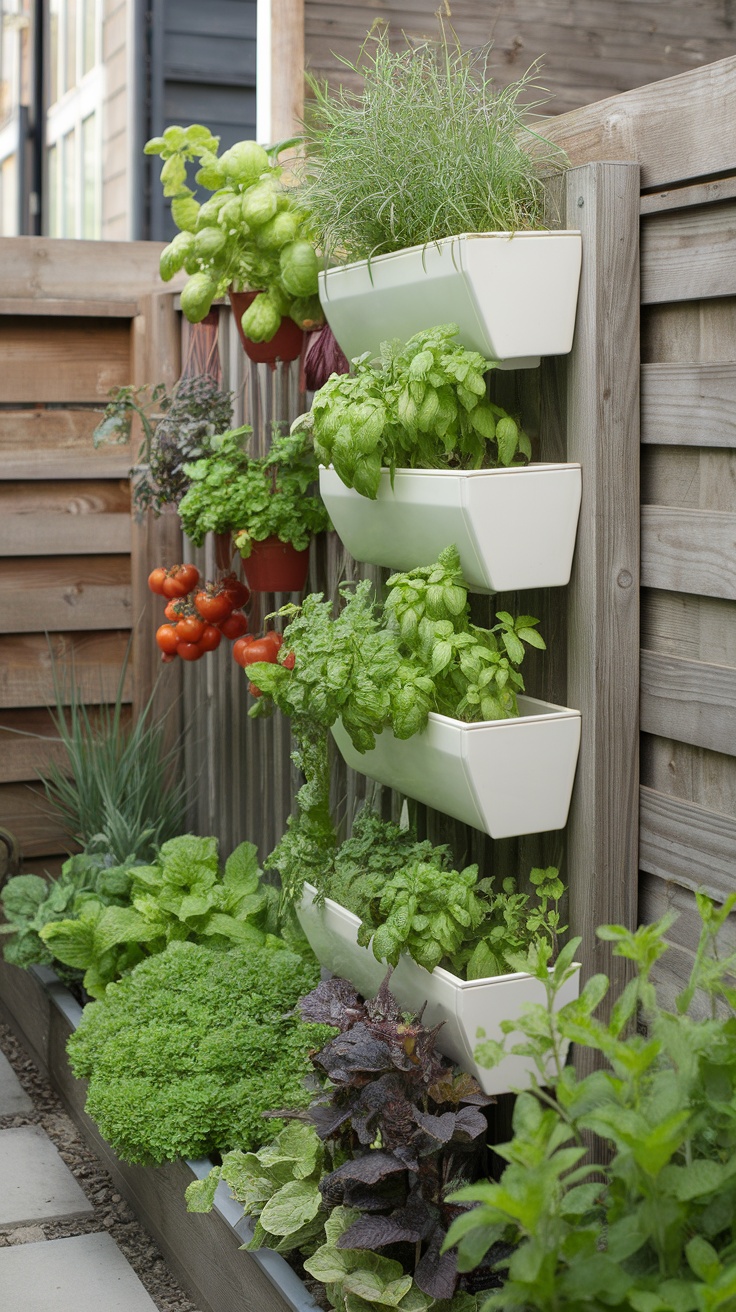 A vertical garden displaying various herbs and small vegetables in wall planters.