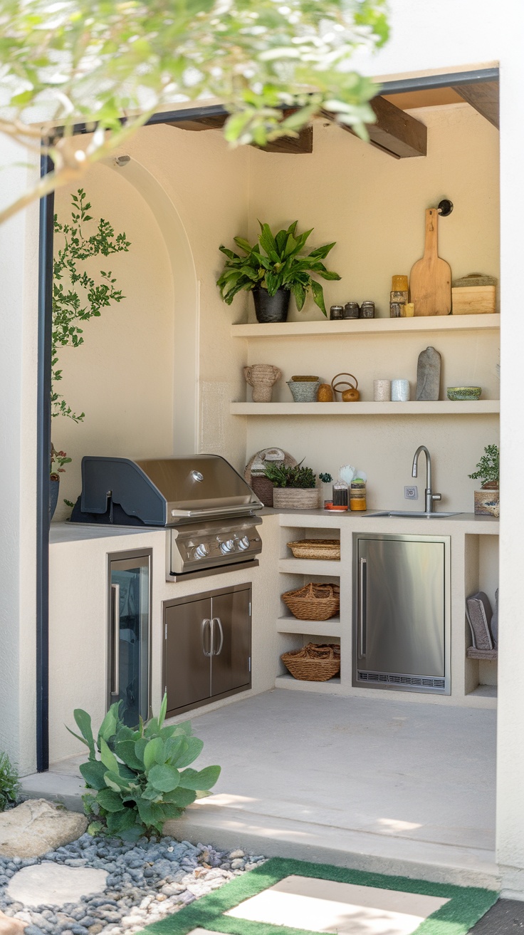 A modern outdoor kitchen featuring a grill, sink, and stylish storage solutions including open shelves and closed cabinets.