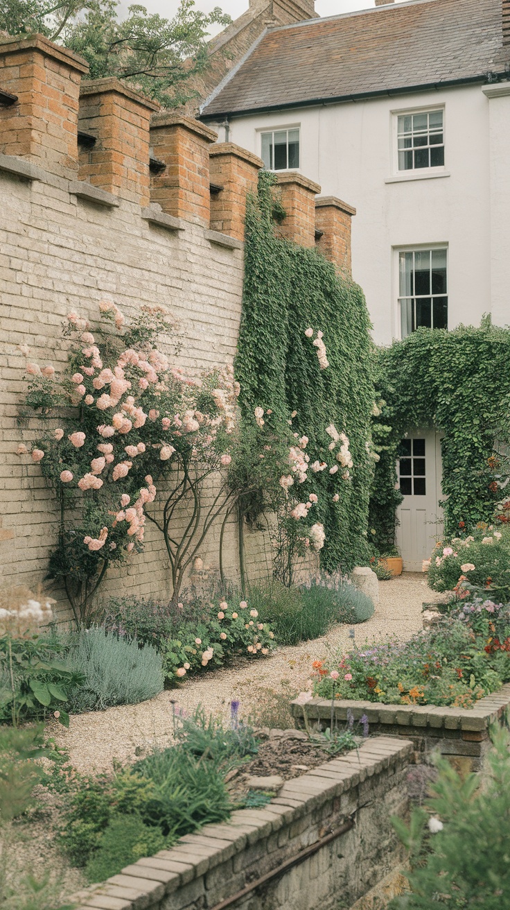 Traditional brick and stone walls in an English country garden with flowering plants.