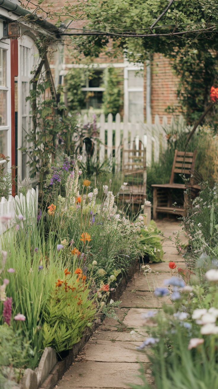 A charming cottage garden with colorful flowers and a stone pathway.