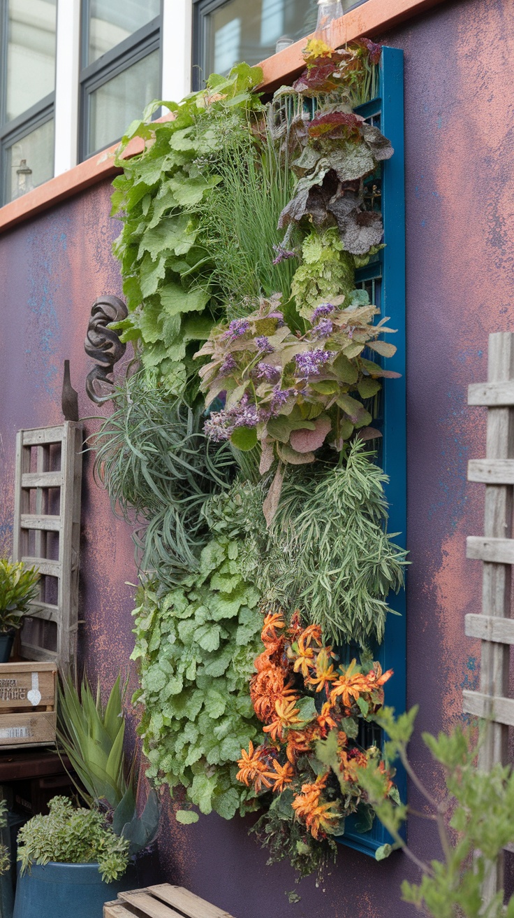 Vertical garden with various plants and colorful flowers mounted on a wall.