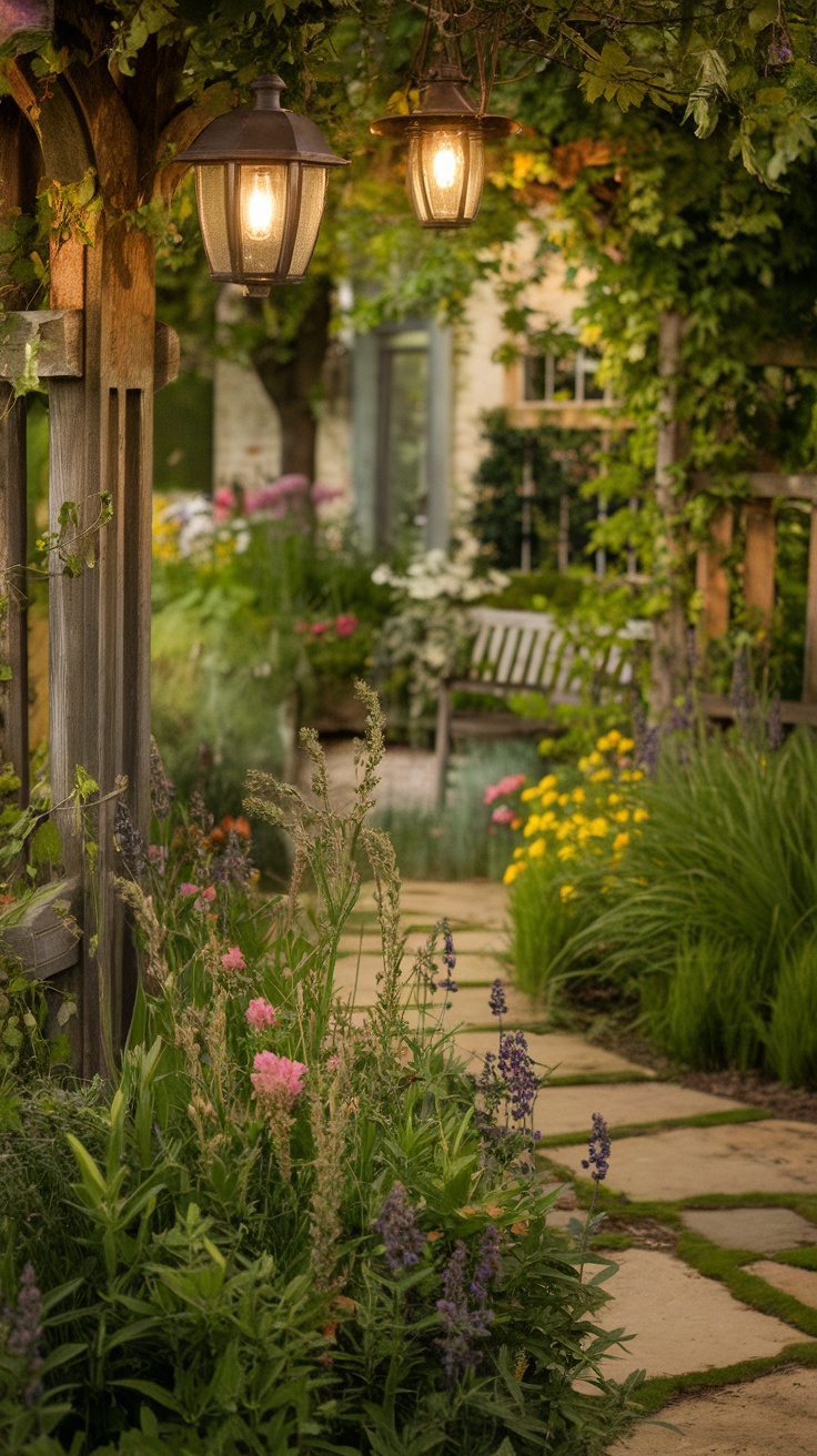 Vintage outdoor lighting fixtures in an English country garden.