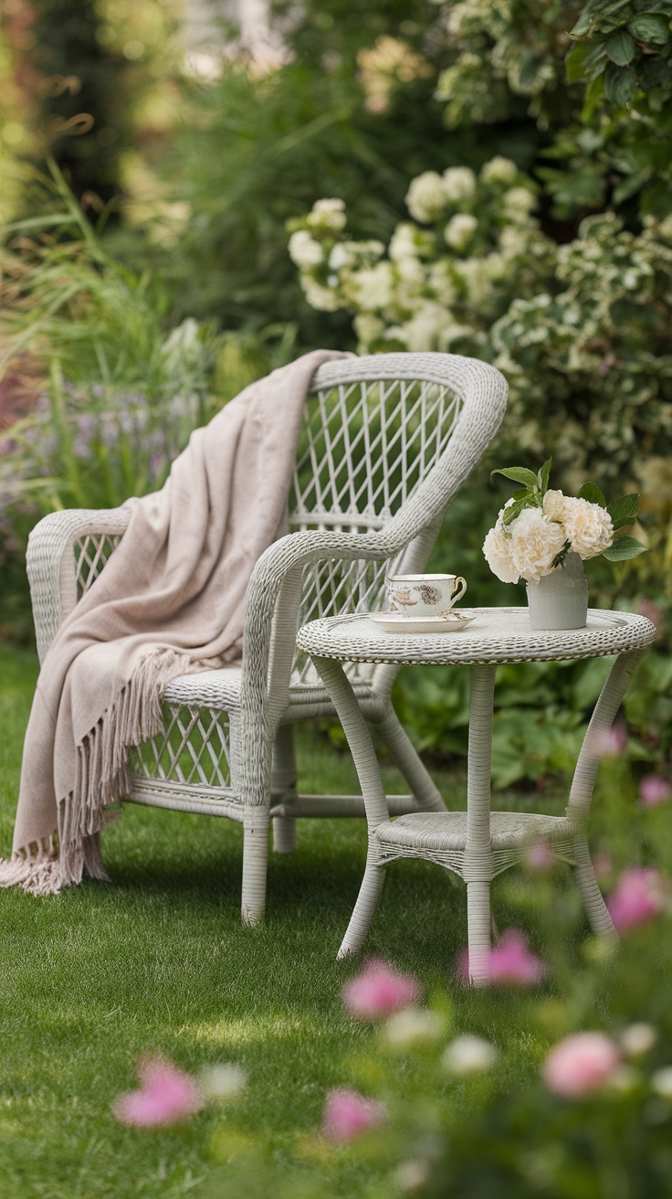 A cozy wicker chair and table set in a lush garden, featuring a blanket, flowers, and a cup of coffee.