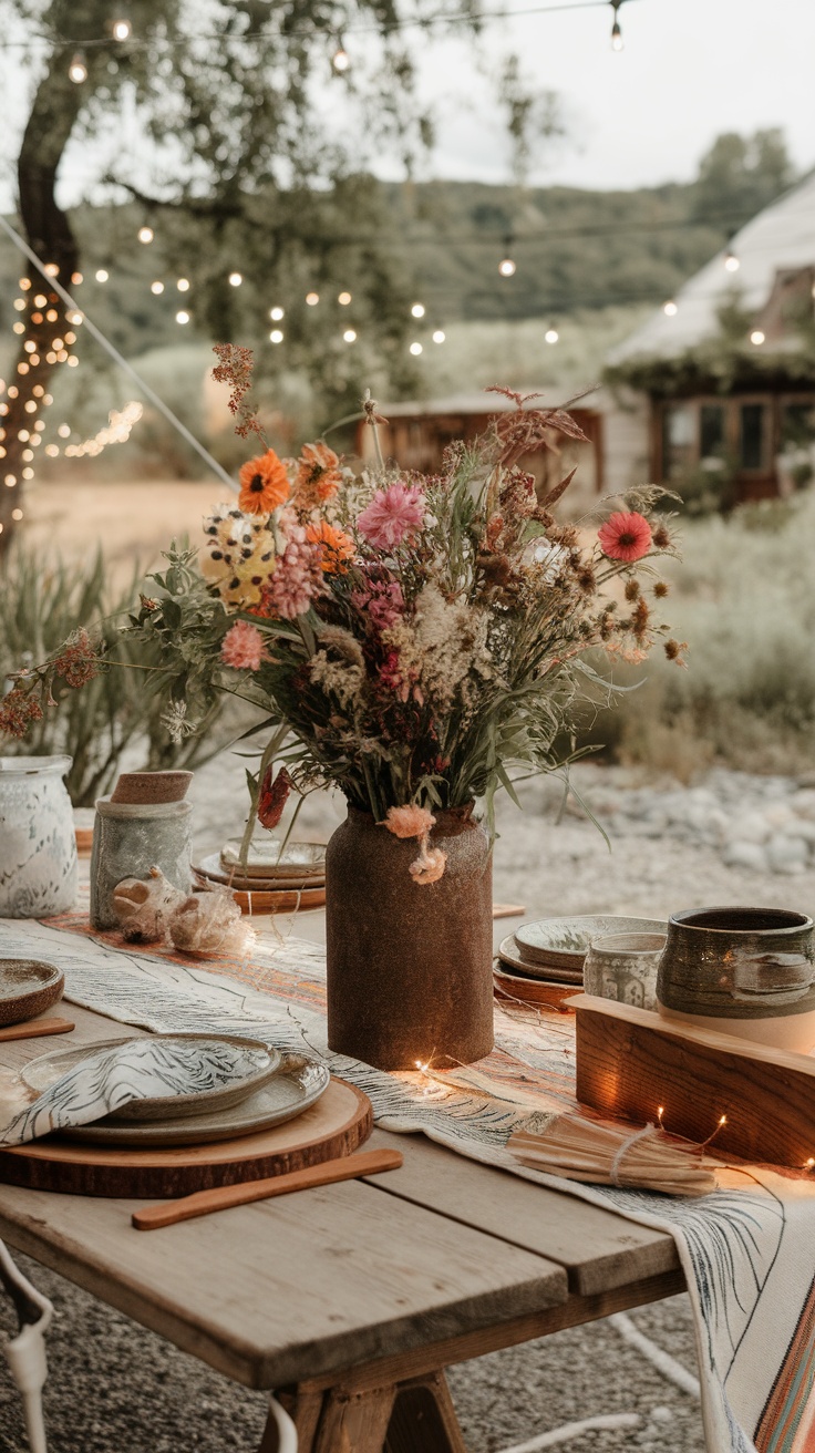 A beautifully arranged wildflower bouquet in a rustic vase on a table set for a garden party.