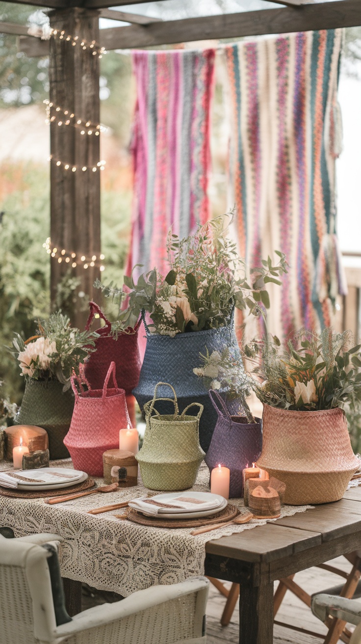 Colorful woven baskets filled with flowers on a rustic table setting