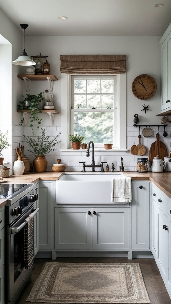 A modern farmhouse kitchen featuring a large farmhouse sink, stylish faucet, and rustic decor.