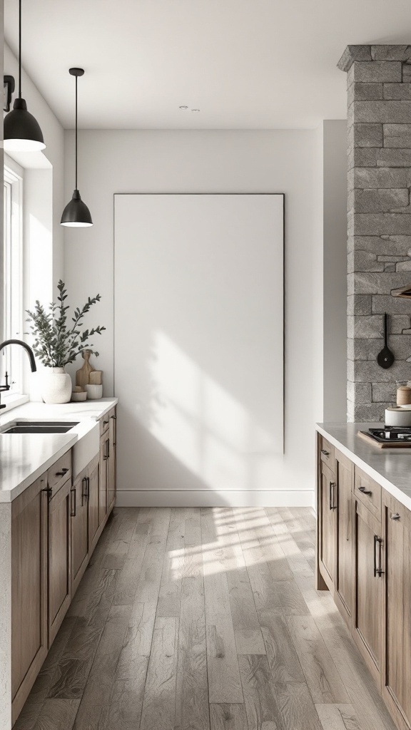 Modern farmhouse kitchen with neutral colors and natural textures.