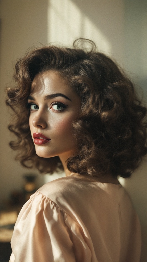 A woman with vintage curly shag hairstyle, showcasing voluminous curls and soft waves.