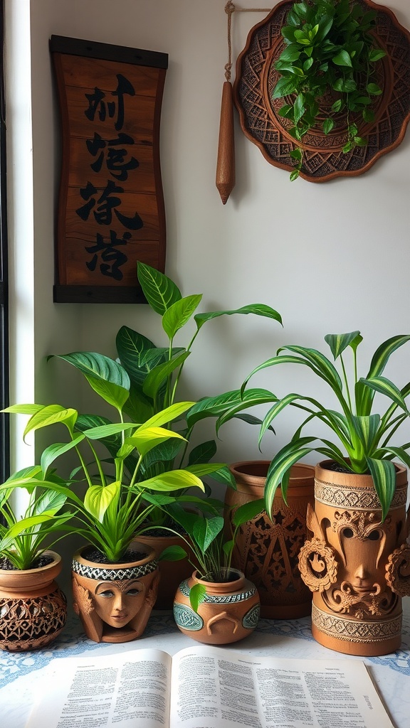 Varios maceteros de barro con plantas verdes, decoraciones de madera y un libro abierto en una mesa.