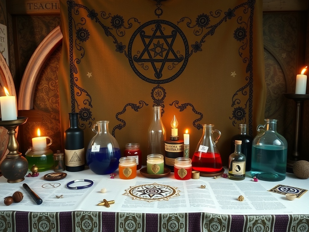 An alchemy-themed altar setup featuring colorful liquids, candles, and mystical symbols.