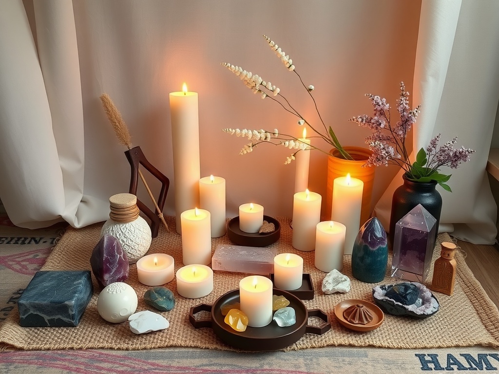 An inviting witchcraft altar featuring candles, crystals, and fresh flowers arranged for healing and wellness practices.