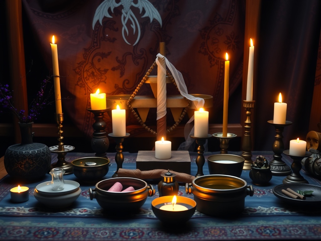 A beautifully arranged witchcraft altar with candles, bowls, and mystical decorations.