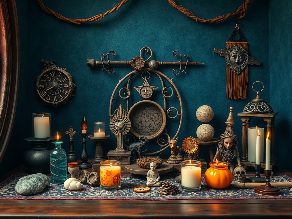 A witchcraft altar featuring various candles, totems, and decorative items arranged thoughtfully.