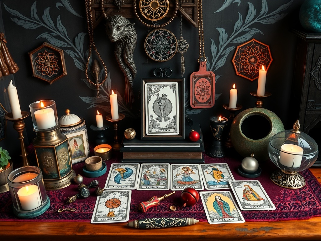 An altar setup featuring tarot cards, candles, and various divination tools.