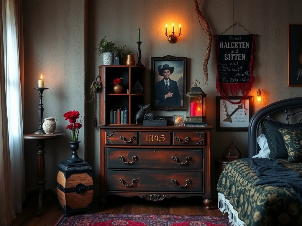 A cozy Gothic Boho bedroom featuring antique furniture, red roses, and warm candlelight.