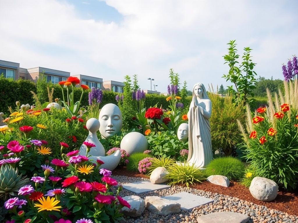 A garden featuring artistic outdoor sculptures surrounded by colorful flowers