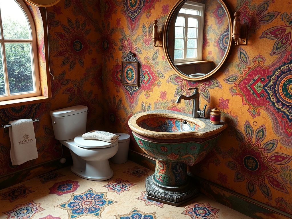 A vibrant bathroom featuring an artistic sink with intricate designs, colorful wallpaper, and a round mirror.