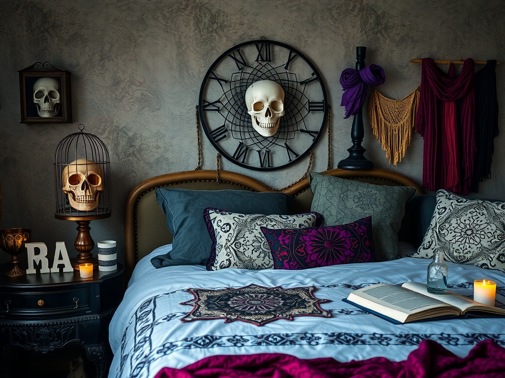 A Gothic Boho bedroom featuring artistic skull decor, including a wall-mounted skull clock and a cage with a skull on a bedside table, surrounded by plush pillows and flowing fabrics.