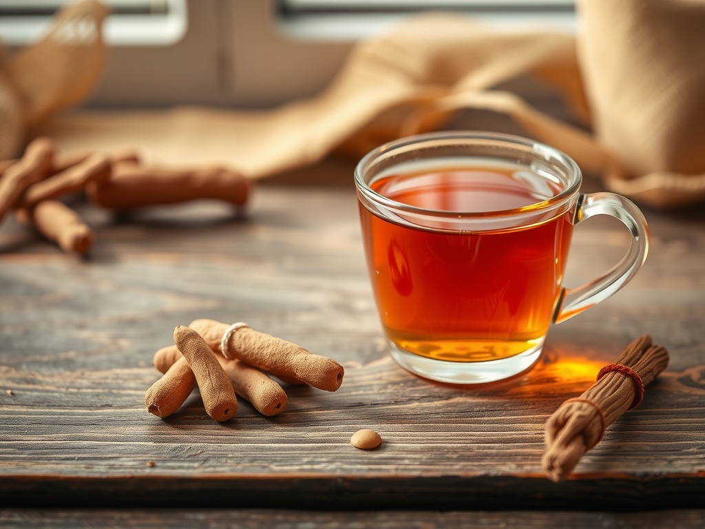 A cup of herbal tea with ashwagandha roots beside it.