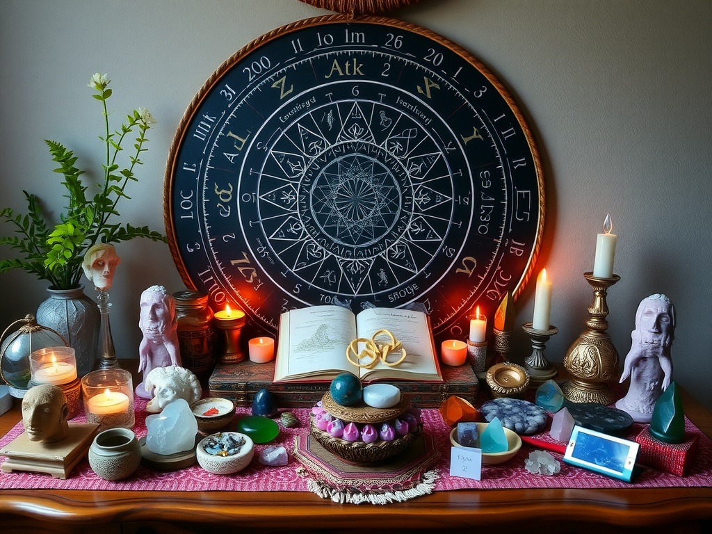 Astrological altar featuring zodiac symbols, candles, crystals, and decorative elements.