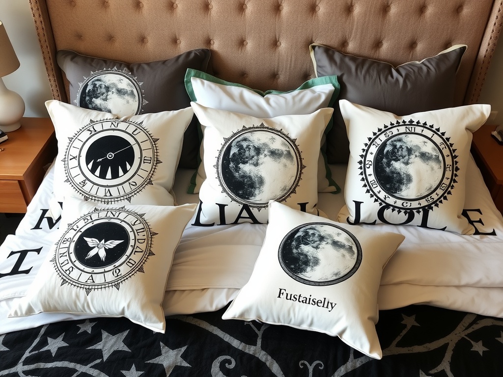 A collection of throw pillows with astrological and lunar designs on a bed.