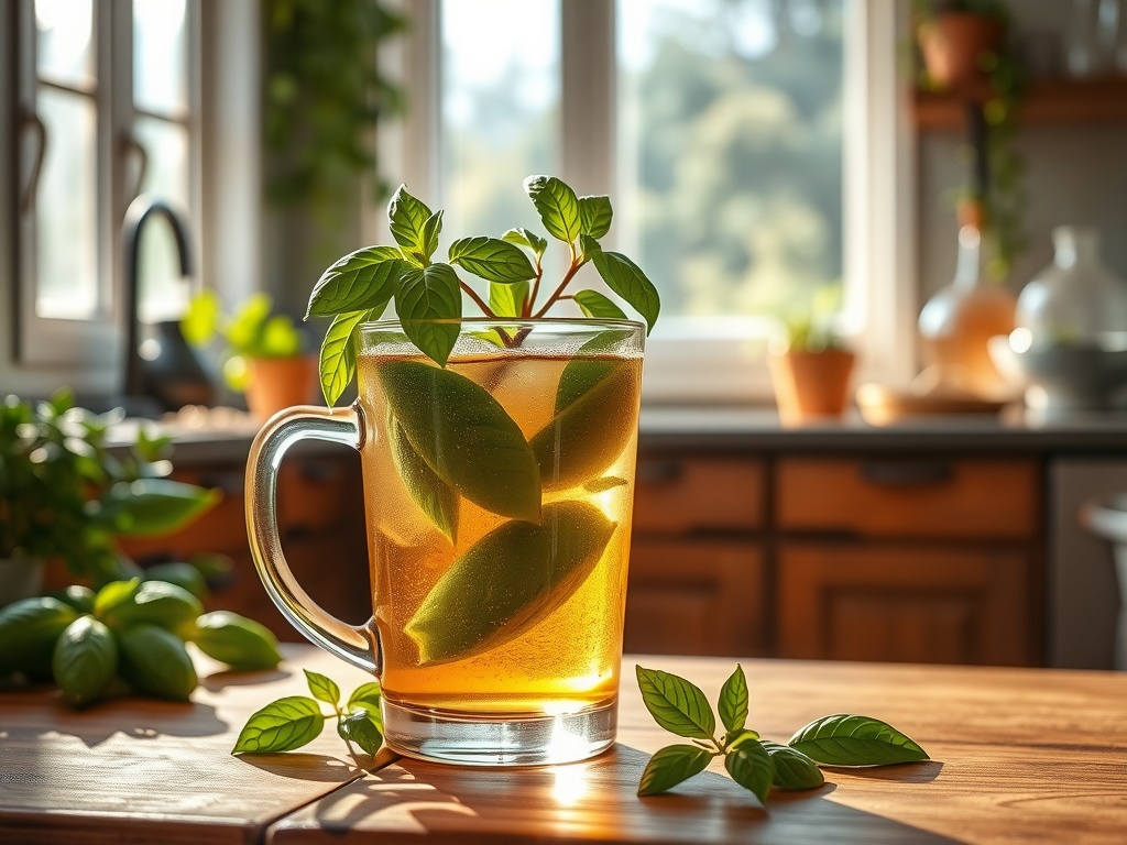 A refreshing cup of herbal basil tea garnished with fresh basil leaves.