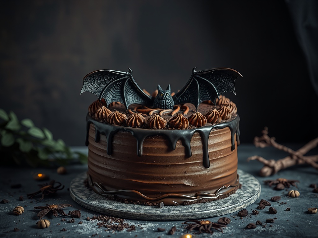 A chocolate torte decorated with a bat and drizzled ganache.