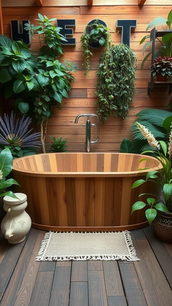 Bañera de madera rodeada de plantas, creando un ambiente relajante.