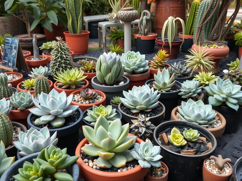 A colorful collection of potted succulents in a garden setting.