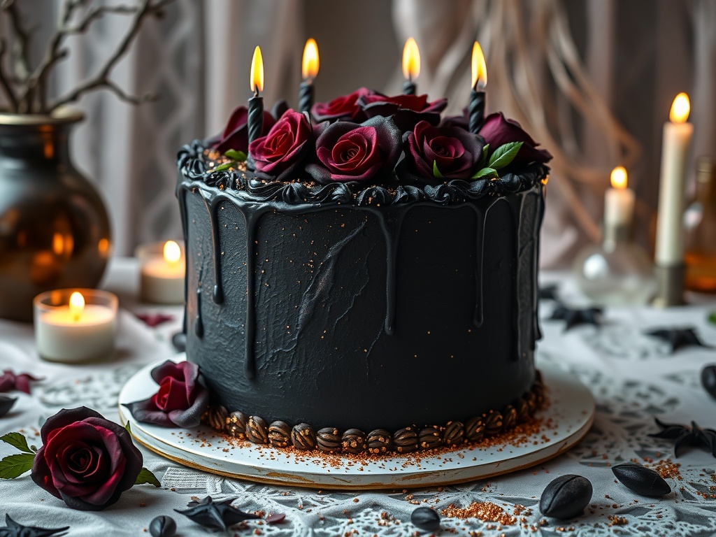 A black velvet cake adorned with red roses and edible glitter, surrounded by candles and decorative elements.