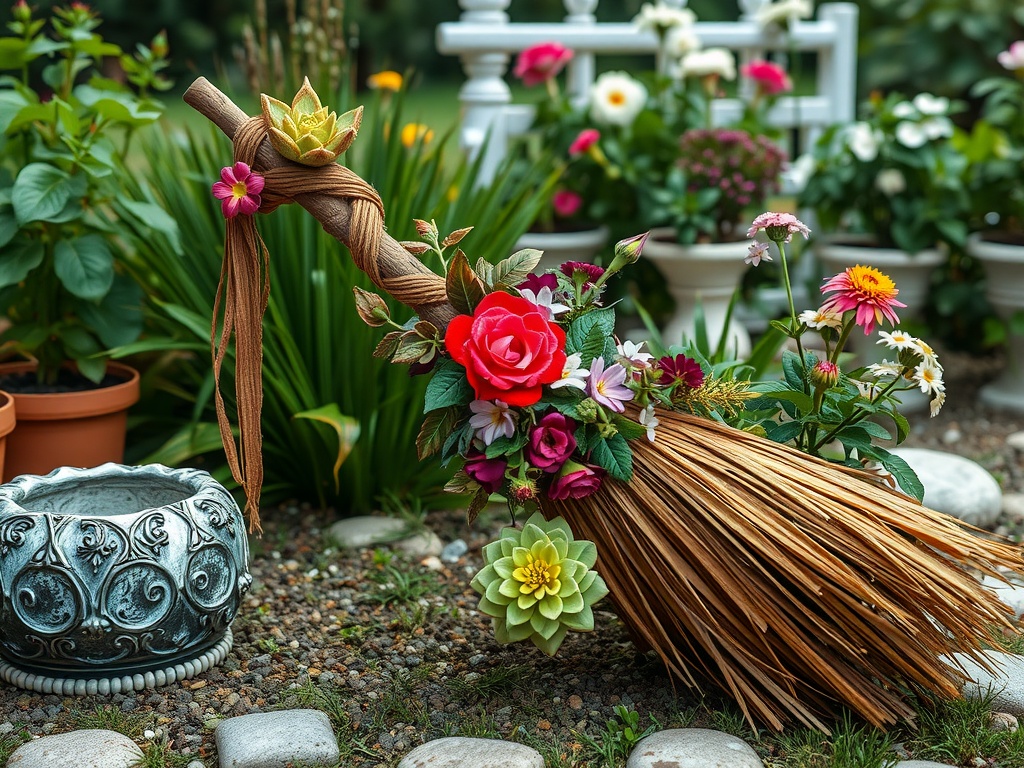 A broom decorated with flowers in a garden.