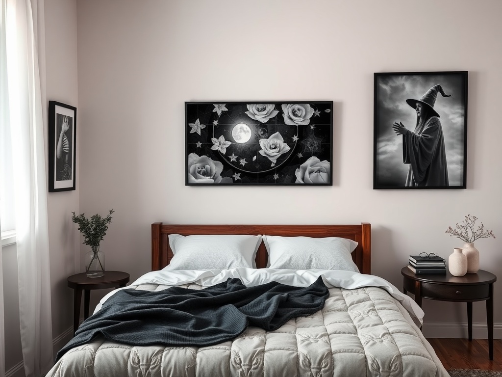 A cozy bedroom with bold black and white photography on the walls, featuring roses and a mystical figure.