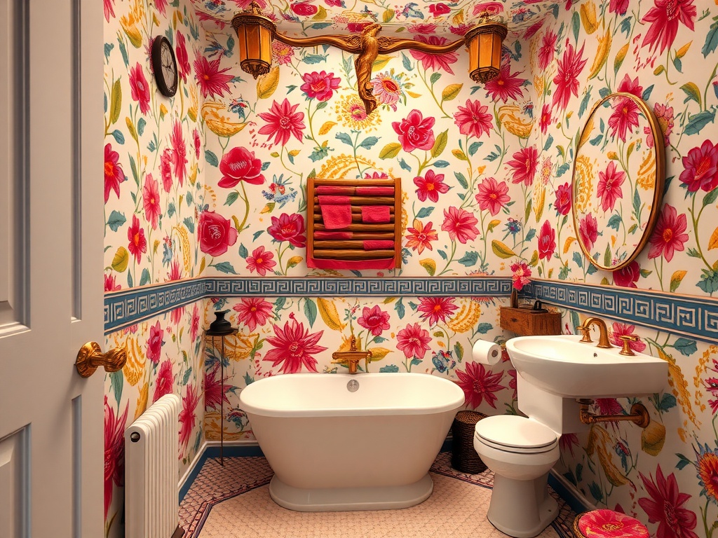 A colorful bathroom featuring bold floral wallpaper with pink and yellow flowers, a freestanding tub, and elegant fixtures.