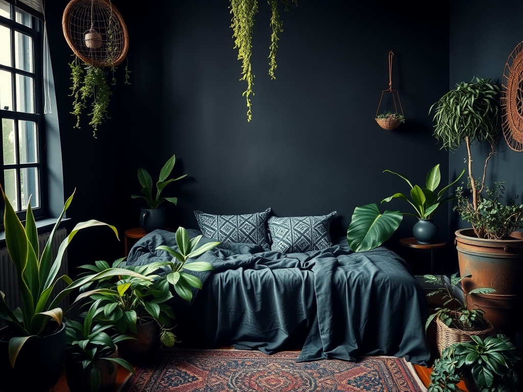 A dark-themed bedroom with lush plants, cozy bed, and rich textiles.