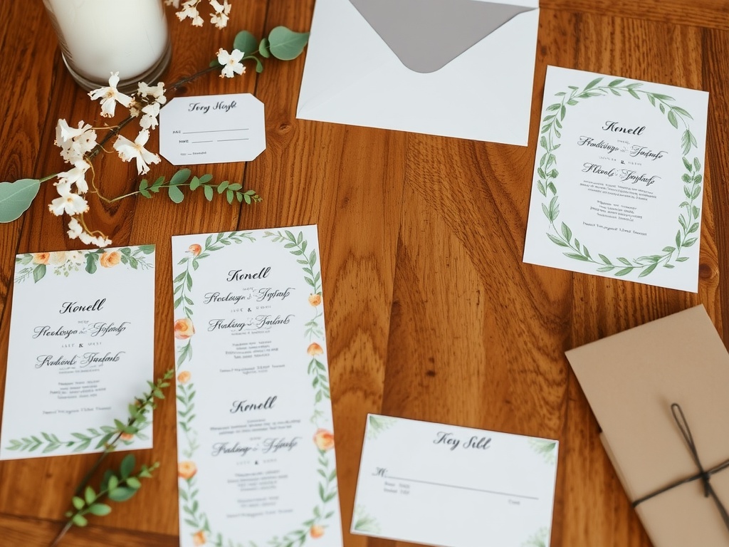 Botanical-themed invitations and stationery on a wooden table