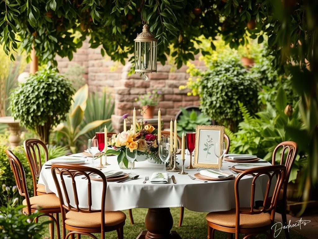 An elegantly set outdoor dining table surrounded by greenery, featuring flowers, candles, and inviting decor.