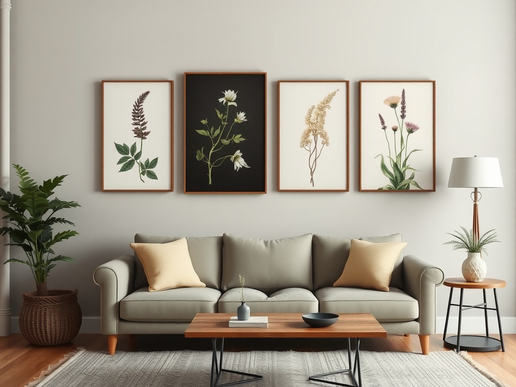 A cozy living room featuring botanical wall art above a comfortable sofa, complemented by indoor plants.